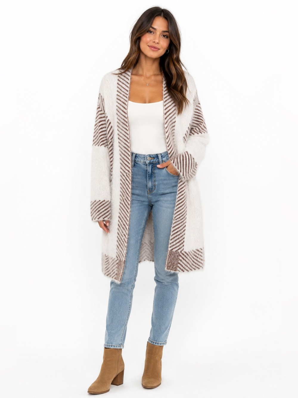 Fuzzy Striped Longline Open Front Cardigan Coatigan Brown Cream Size L